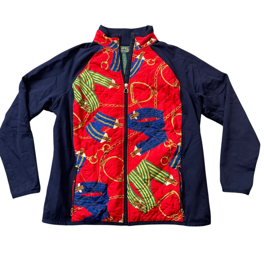 LRL Ralph Lauren Active 1X Vintage Equestrian Chain Print Zip Quilted Jacket
